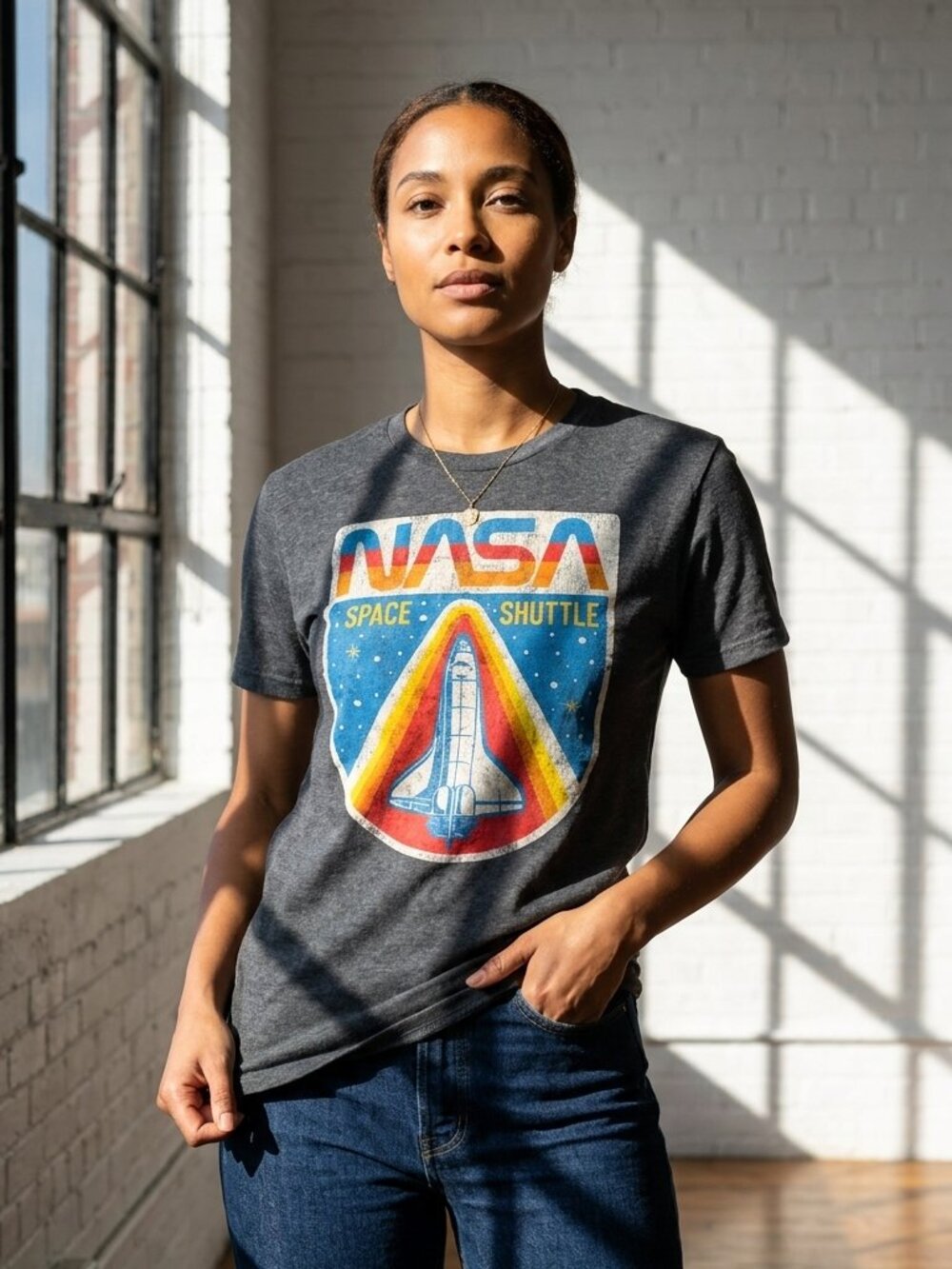 NASA Space Shuttle Graphic T-Shirt Fifth Sun Gray Retro Tee Size Medium Unisex